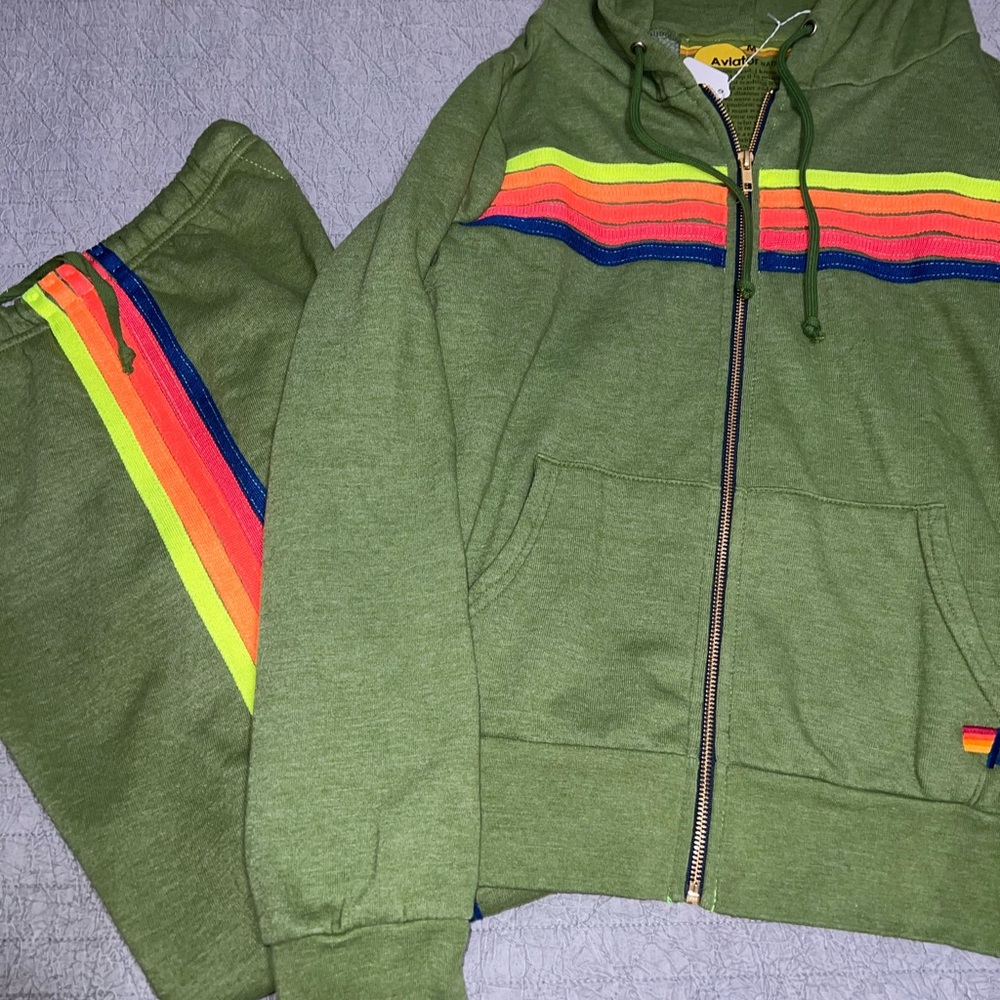 Aviator Nation Jungle Green neon stripe sweatshirt. Size Medium.
